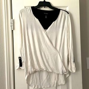 White 3/4 Sleeve Roll up Top with Black Collar and Back. V Neck Cross over.